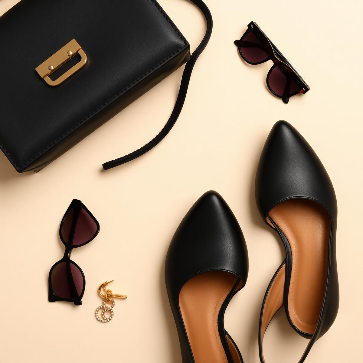 Eleganckie czarne czółenka, torebka i okulary — flat lay